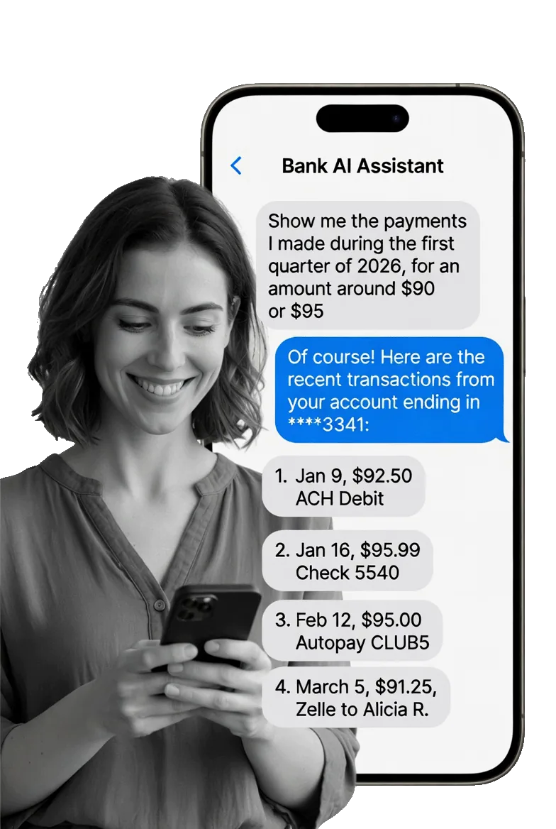 A customer texts their bank's AI assistant to look up Q1 payments; it returns the exact transactions.