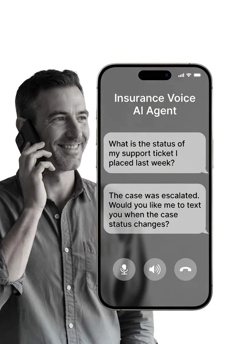 A customer on a voice call with an insurance AI agent that answers his support-ticket question and offers to text status updates.