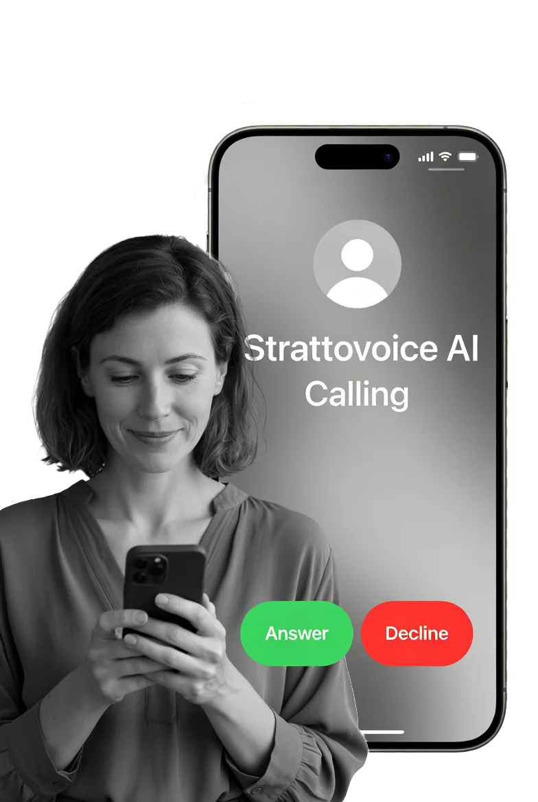 A customer's phone shows an incoming call from the StrattoVoice AI agent — proactive outbound dialing.
