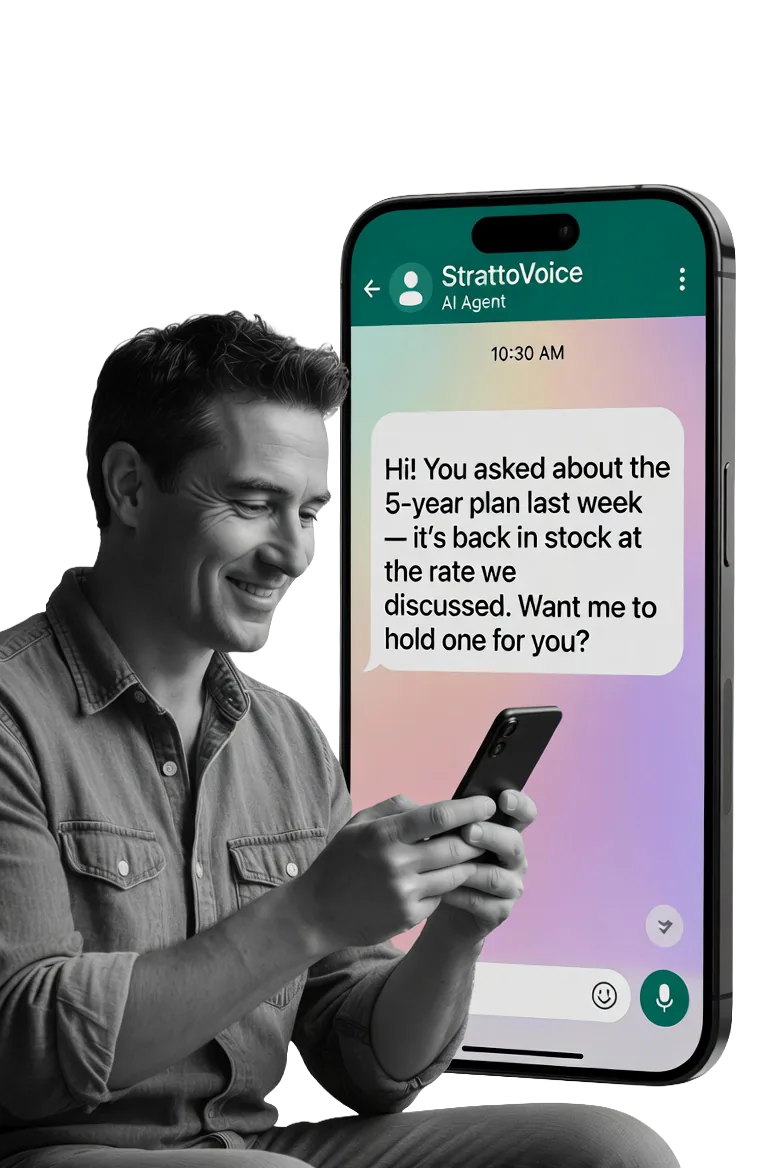 The StrattoVoice AI agent proactively messages a customer on WhatsApp about a product they asked about, offering to hold one for them.