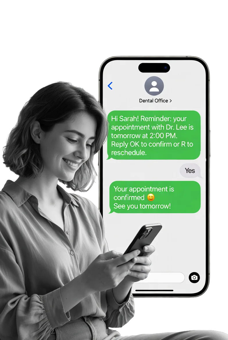 A patient receives a dental appointment reminder by text, replies Yes, and the AI confirms the appointment.